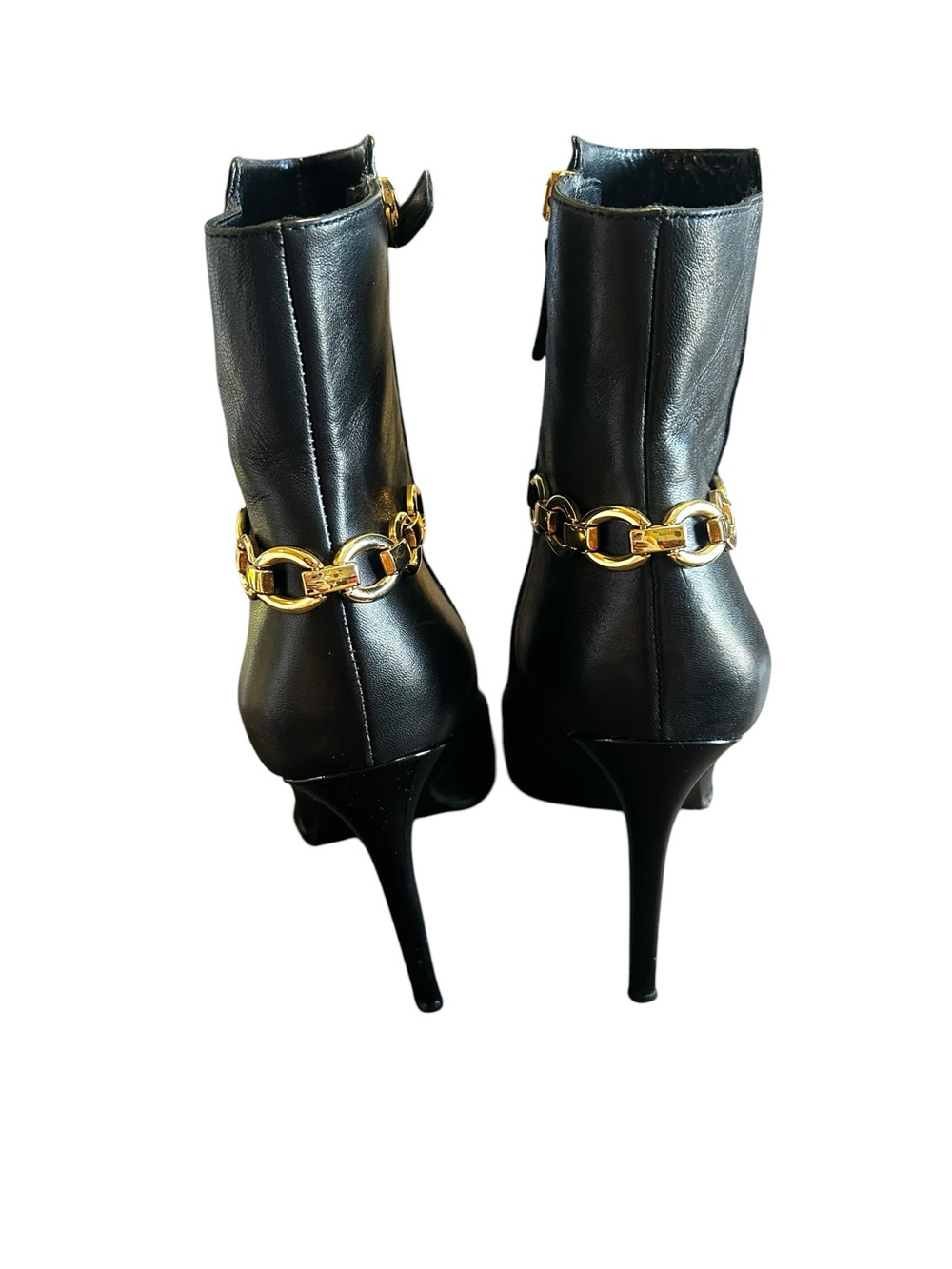 DVF Diane Von Furstenberg Beckett Chain Booties Black Leather Heels 8.5 B Italy - Picture 3 of 5